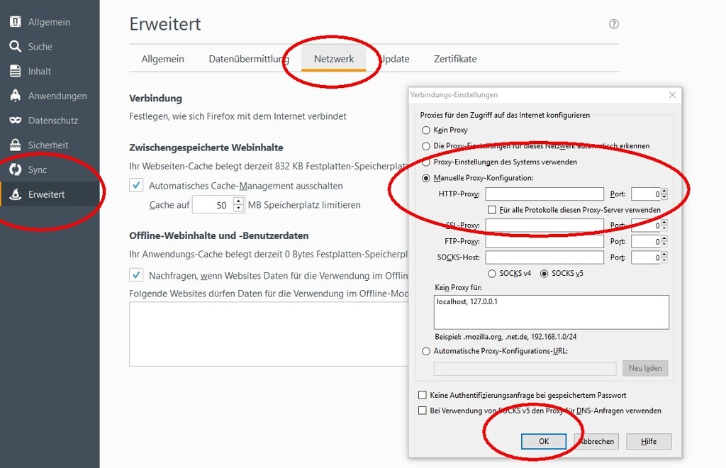 Proxy-Server-Einstellungen im Firefox