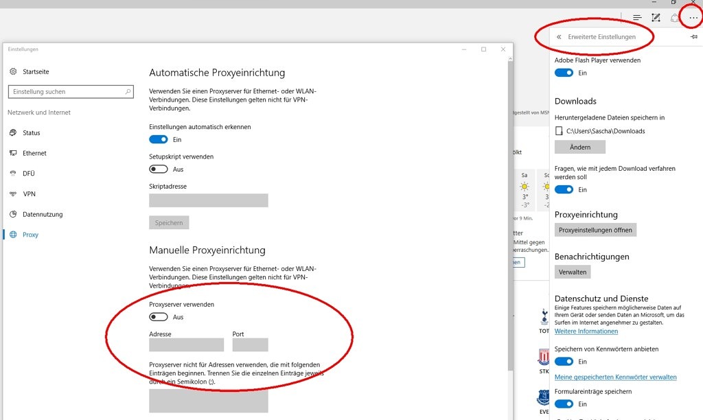 Anonyme Proxyserver Proxy-Einsatellungen Microsoft Edge