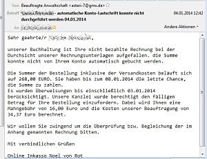 Eine gefälschte Inkasso-Mail mit einem Trojaner im Anhang. BIld: Computerbetrug.de