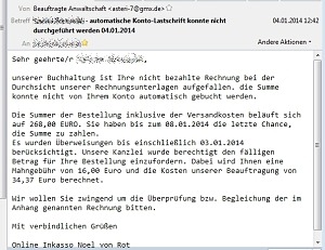 Eine gefälschte Inkasso-Mail mit einem Trojaner im Anhang. BIld: Computerbetrug.de