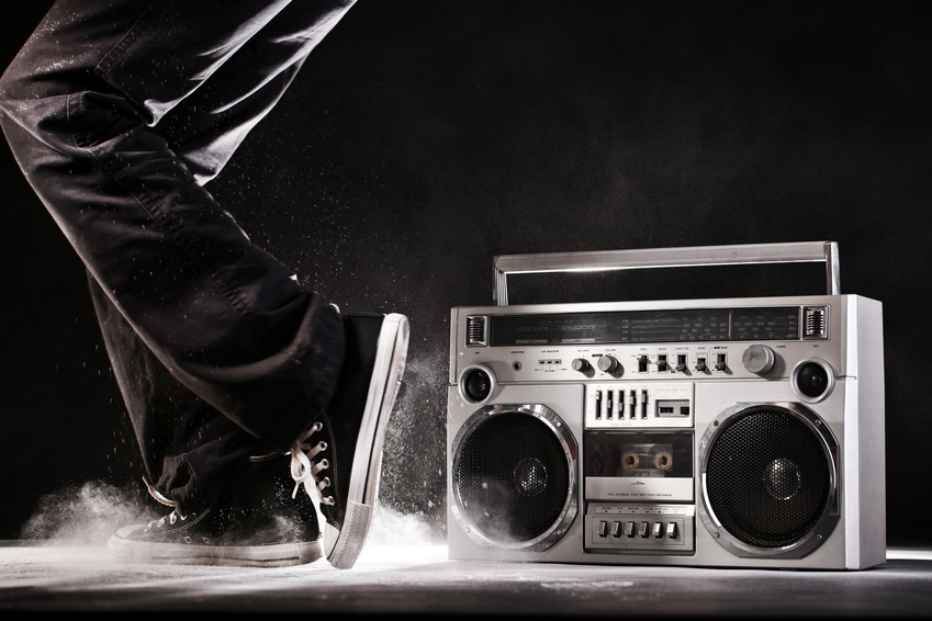 Retro ghetto blaster, dust and dancer isolated on black background with clipping path